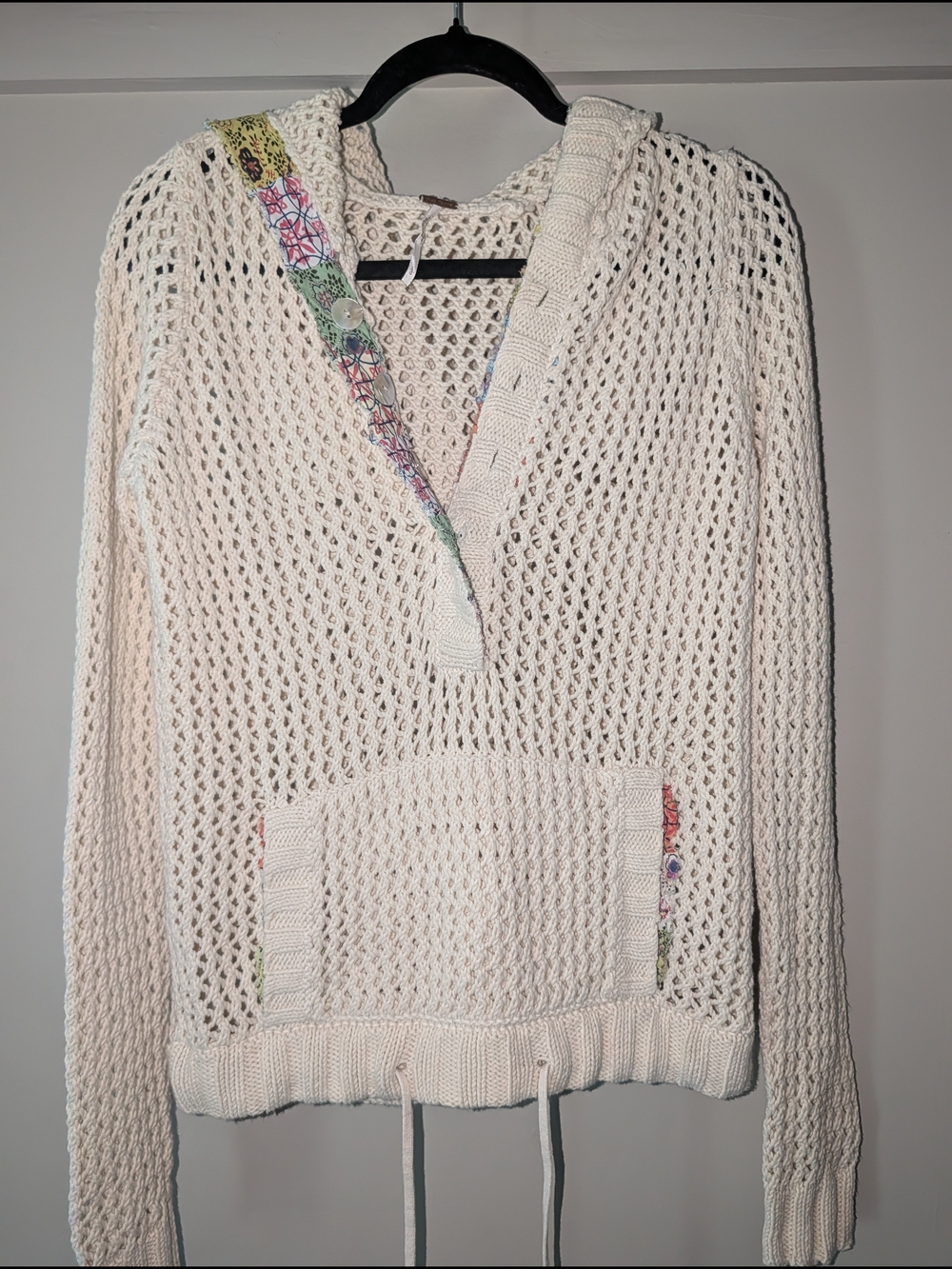 Free People Sit Next To Me Crochet Hoodie Sweater Open Knit Patchwork Cream L